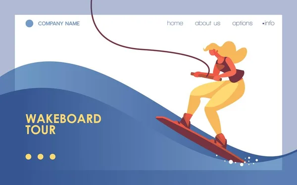 Modèle de page de renvoi concept vectoriel avec femme sur wakeboard, décoré avec vague bleue. Bannière dynamique bonne pour les activités sportives et maritimes du site Web et les loisirs océaniques — Image vectorielle