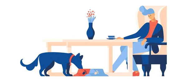 Un uomo seduto a bere caffe ', un cane che mangia dalla ciotola. Illustrazione piatta vettoriale con tavolo e sedia sull'amore per i cani, buona per caffè e hotel per animali domestici . — Vettoriale Stock