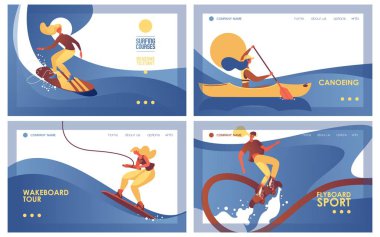 Sörf, kano, wakeboarding ve flyboarding gibi su ekstrem spor hakkında toplama yatay afiş. Açılış sayfası deniz aktivitesi ve eğlence için üstbilgi ve web sayfaları için iyi şablonlar