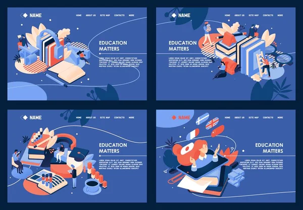 Recueillir des bannières éducatives horizontales sur l'apprentissage des langues étrangères, la création d'entreprises. Design isométrique bon pour la page de renvoi sur fond bleu. Des gens minuscules lisant de grands livres — Image vectorielle