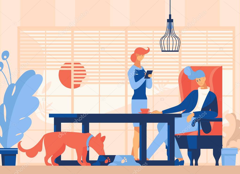 Pet friendly cafe concept. Dog eating from bowl, man sitting with coffee, waiter takes the order. Flat modern illustration good for restaurant and bar who welcomes domestic animals