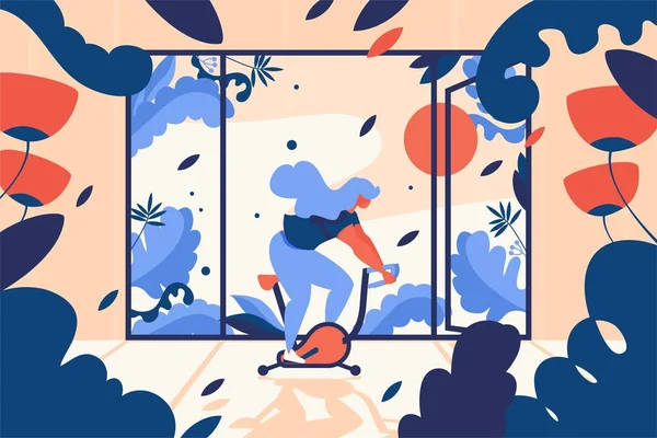 Illustration vectorielle de sport avec jeune femme faisant de l'exercice vélo stationnaire dans une pièce pleine de feuilles et de fleurs. Grande fenêtre avec porte ouverte. Scène intérieure d'entraînement lumineuse aux couleurs bleu et orange — Image vectorielle