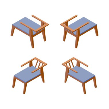 Rahat sandalyeler beyaz arka plan izometrik koleksiyonu üzerine izole, mavi renkli otel veya spa tesisi için iyi. Mobilya 3d set