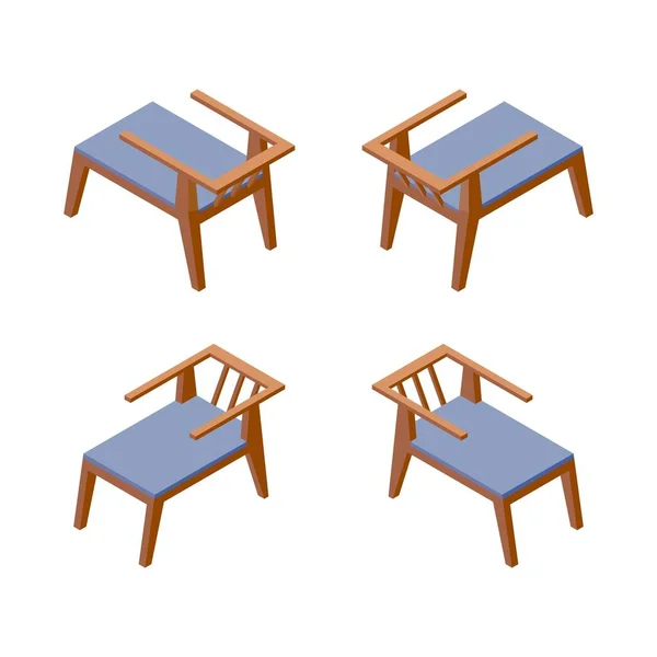 Izolované na bílém pozadí izometrické sbírky pohodlných židlí, dobré pro hotelové nebo lázeňské letovisko v modré barvě. Nábytek 3D-množina — Stockový vektor