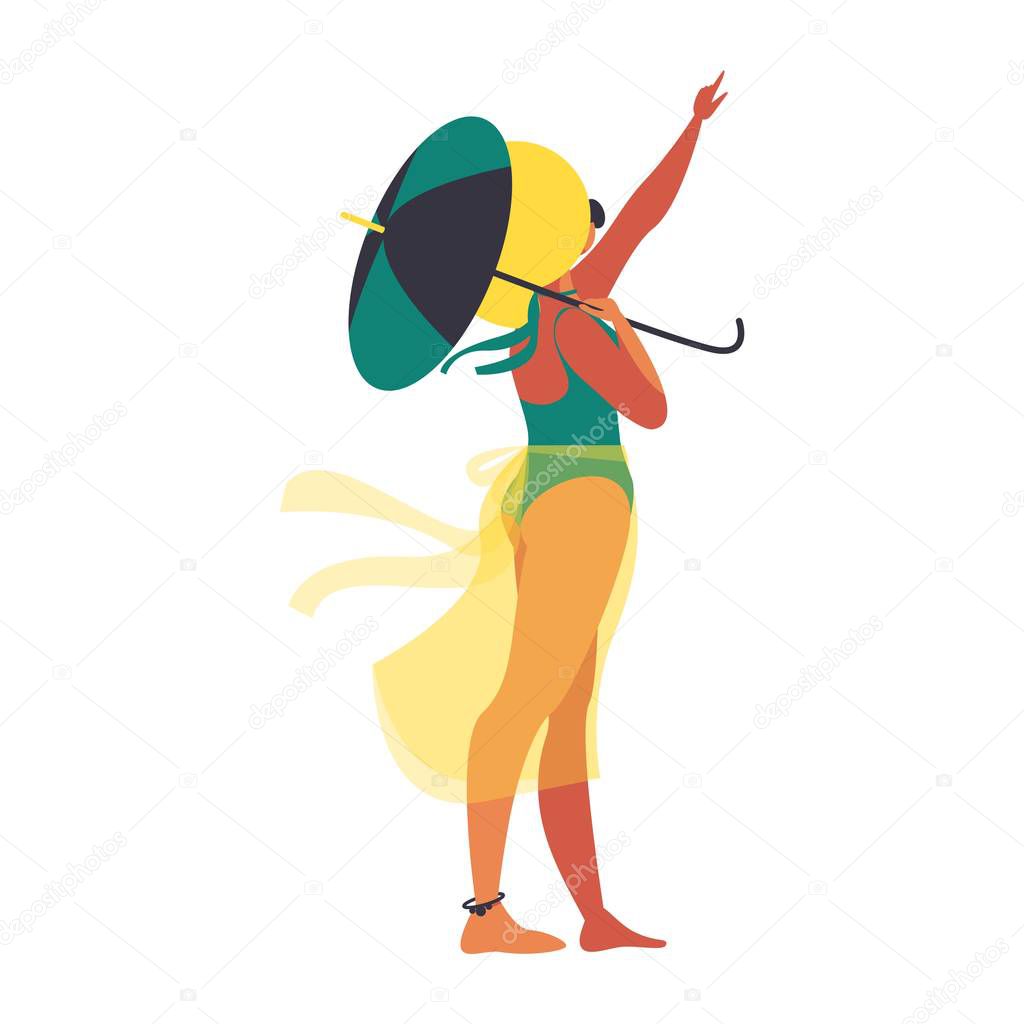Isolated on white background flat woman in swimsuit figure pointing something in the sky. Vector concept illustration in bright colors. Character with parasol
