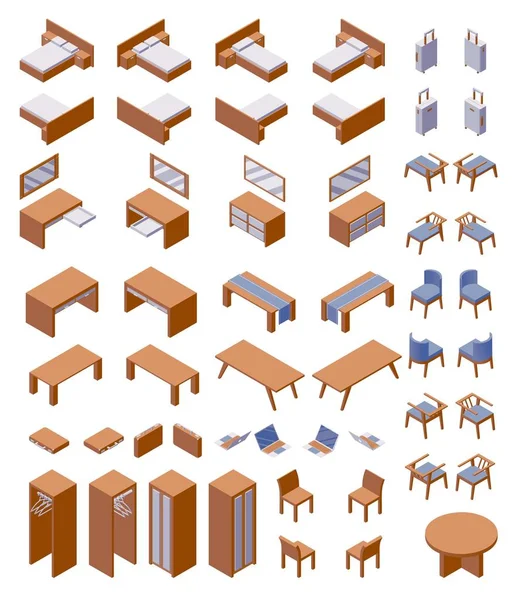 Изометрическая концептуальная мебель большой коллекции подходит для гостиничного номера или номера гостевого дома. Векторный деревянный набор с кроватями, стульями и столами с синими вставками — стоковый вектор