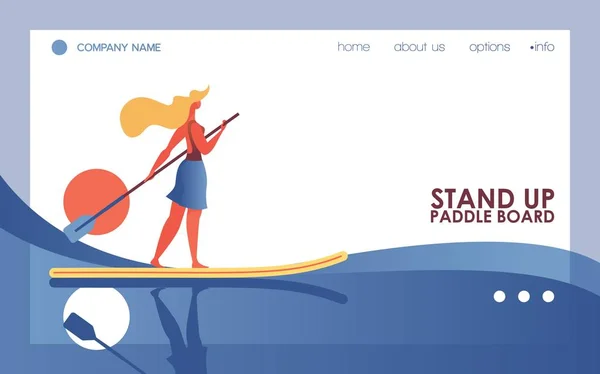 矢量概念插图与活跃的女性冲浪板在河流或海上。蓝波和太阳登陆页模板专用于站立桨板板，绘制在鲜艳的色彩 — 图库矢量图片