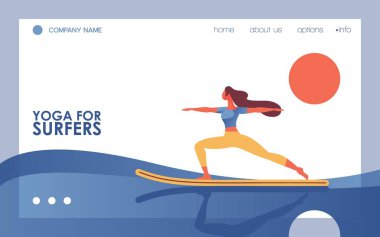Düz kadın sörf tahtası üzerinde yoga asana yapıyor vektör kavramı afiş. Mavi dalga, beyaz arka plan da turuncu güneş. Açılış sayfası sağlıklı yaşam tarzı, sörf okulu ve bireysel eğitim stüdyosu için iyi