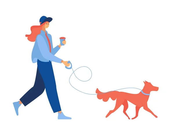 Junge Frau mit Kaffee beim Gassigehen mit Ingwerhund. isoliert auf weißem Hintergrund über die Liebe zu Haustieren — Stockvektor