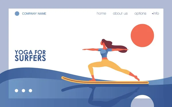 Vector concept banner with flat woman doing yoga asana on surfing board. Blue wave, orange sun on white background. Landing page good for healthy lifestyle, surf school and individual training studio — Stock Vector