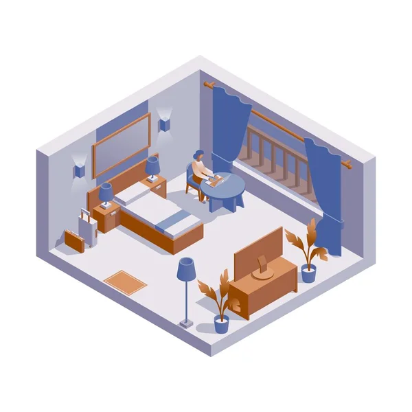 Векторна концепція сцени з ізометричним номером готельної кімнати та діловою жінкою, що працює на ноутбуці. Синя тканина і дерев'яні меблі в одній спальні. 3d інтер'єр — стоковий вектор