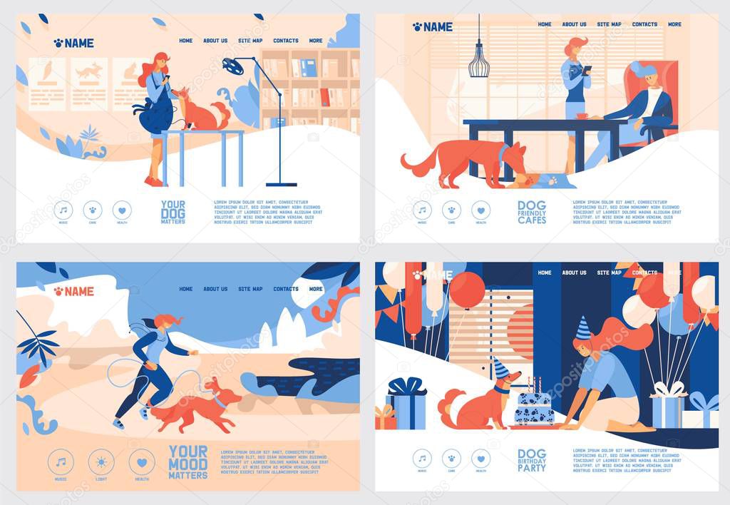 Vector concept banners collection with people and pets, dedicated to puppy lovers, vet and dog friendly cafe, drawn in bright orange, blue and beige colors