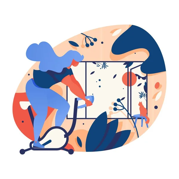 Vector concept illustratie met vrouw paardrijden hometrainer thuis. Interieur scène dran met helder oranje en blauw, goed voor garage Gym en individuele training — Stockvector