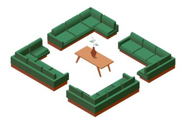 Çeşitli foreshortening ve tablo, beyaz arka plan üzerinde izole büyük yeşil kanepe ile Konsept 3d mobilya izometrik koleksiyonu