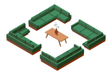 Concept 3d furniture isometric collection with large green sofa in various foreshortening and table, isolated on white background clipart