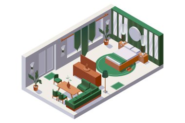 Vektör kavramı izometrik 3d iç sahne ile aile çift kişilik otel oda numarası ile ahşap mobilya abd yeşil kumaş dekorasyon. Büyük yataklı ve kanepeli iki kişilik süit.