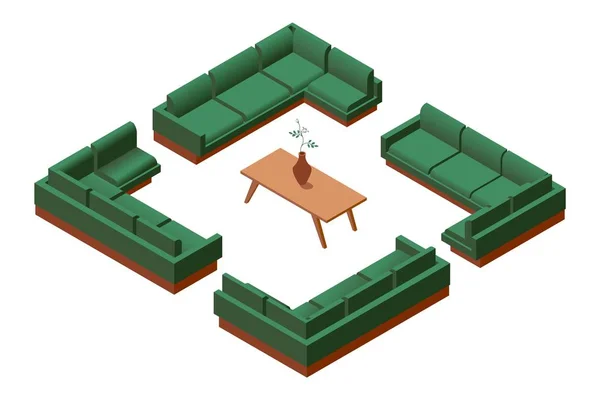 Концепція 3d меблева ізометрична колекція з великим зеленим диваном в різних передпокою і столом, ізольована на білому тлі — стоковий вектор