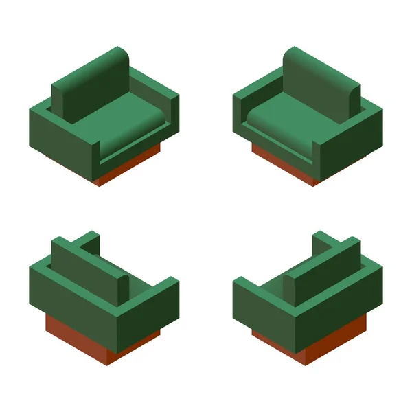 Conceito de cadeira isometroc vetorial. 3d coleção de móveis de madeira com tecido verde em vários foreshortening, isolado no fundo branco . —  Vetores de Stock