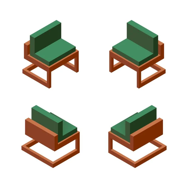Векторная коллекция с одним удобным креслом в различных направлениях. Зеленая ткань, деревянное основание. Изолированный на белом фоне — стоковый вектор