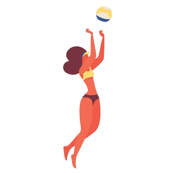 Giovane donna che gioca a beach volley con la palla. Personaggio di salto in costume isolato su sfondo bianco. Illustrazione della scena vettoriale — Vettoriale Stock