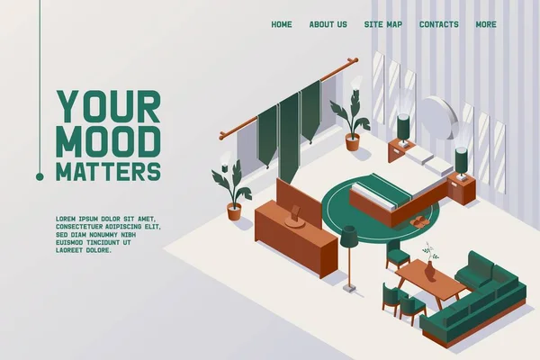 Vector concept banner or landing page template for double twin suite hotel room good for couple drawn in isometric style. 3d scene with wooden bedroom and large bed, tv and sofa interior. Green fabric — Διανυσματικό Αρχείο