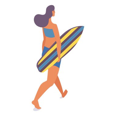 Sörf tahtası izometriğiyle yürüyen genç bir kadın. Sörfü elinde tutan karakter.