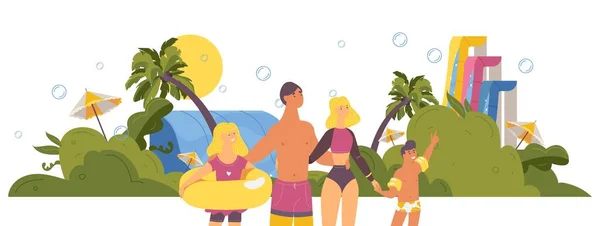 Glad Familj Aqua Park Sommaren Tropisk Dag Tecknad Utomhus Illustration — Stock vektor