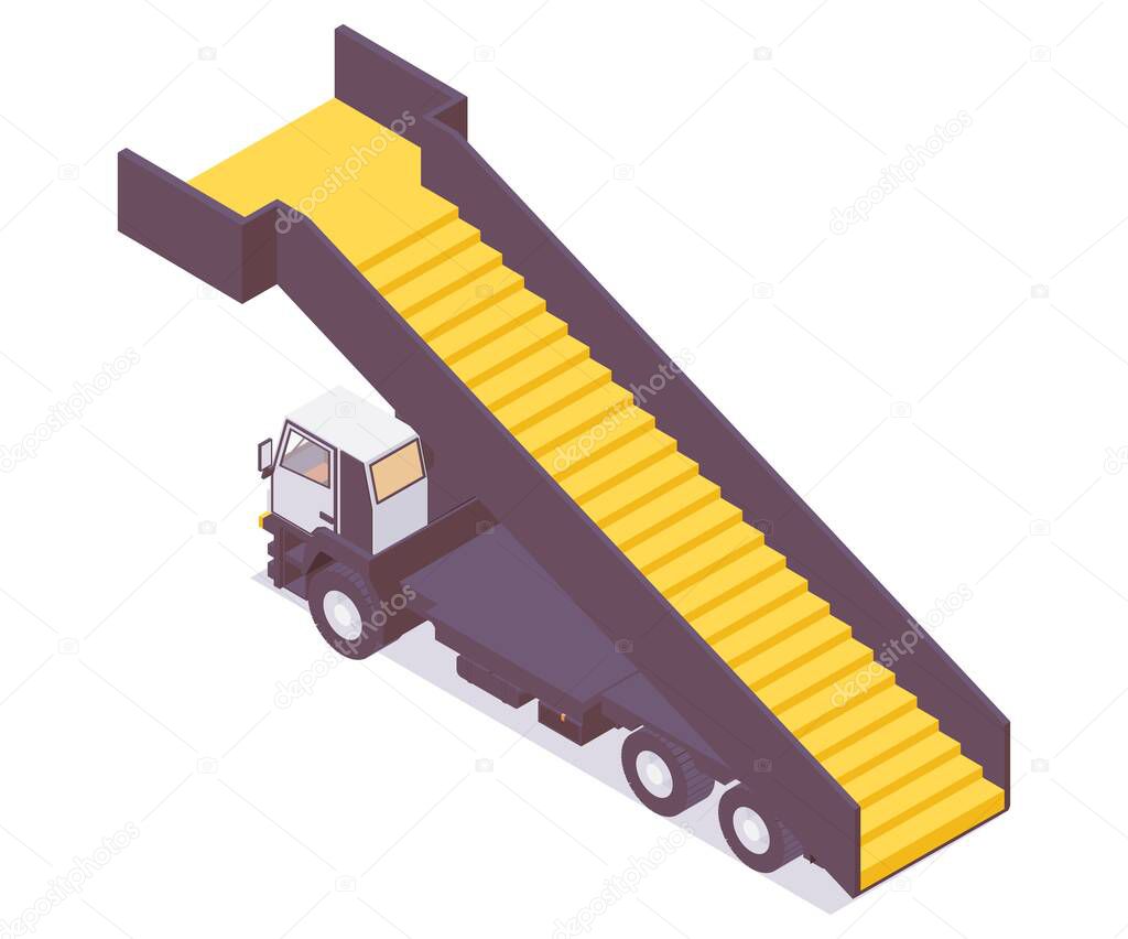 Isometric airport vehicle. Passenger stairs machine with yellow steps