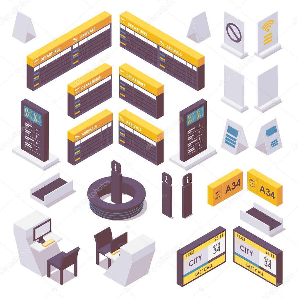 Isometric set of airport information desk, check-in desks and signs.