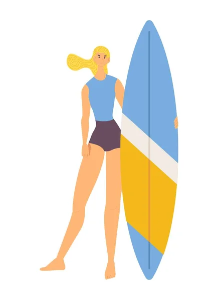 Młoda Kobieta Postać Stojąca Trzymająca Deskę Surfingową Białym Tle Sport — Wektor stockowy