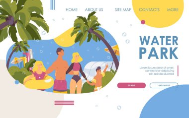 Su parkına mutlu aile inişi. Canlı renklerle çizilmiş bembeyaz insanlar..