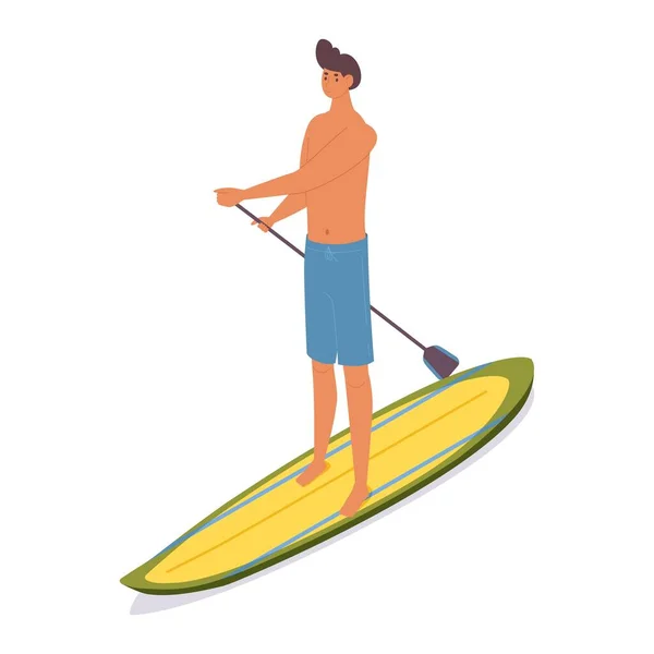 Hombre Isométrico Una Tabla Surf Stand Paddle Board Joven Personaje — Vector de stock