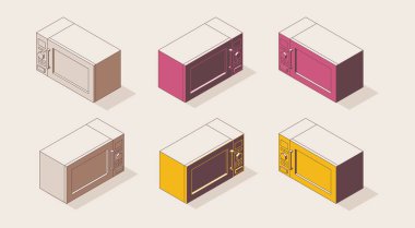 Özet olarak izometrik 3d mikrodalga fırın. Farklı renk değişimleri, gölgeler.