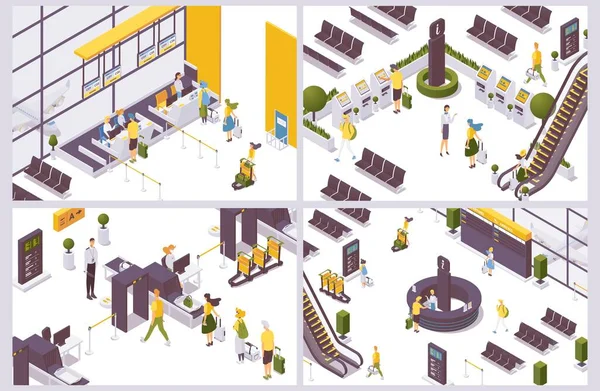 Escenas Isométricas Con Personas Objetos Del Aeropuerto Mostrador Información Mostrador — Archivo Imágenes Vectoriales