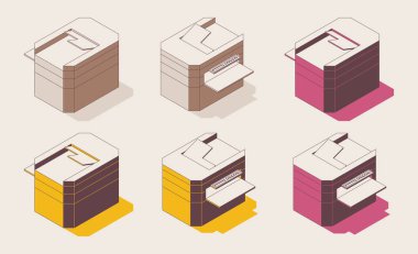 Isometric tam renk ana hatlı yazıcı, çok fonksiyonlu yazıcı, faks. Pembe ve sarı gölgeli bir vektör ayarlandı.