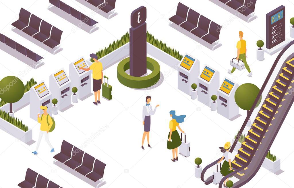 Isometric 3d airport, express self check-in counter. People themselves check in for an airplane flight.