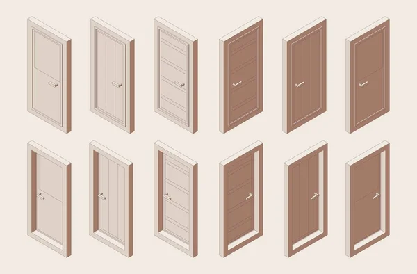 Esquema Isométrico Color Marrón Conjunto Puertas Interiores Con Una Caja — Archivo Imágenes Vectoriales