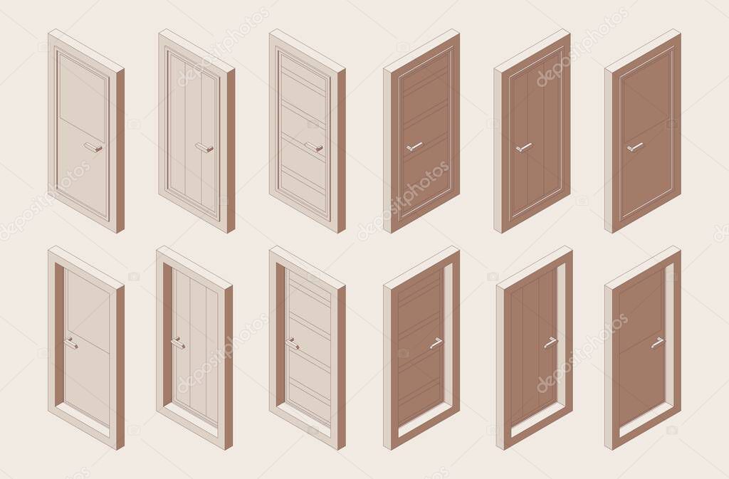 Isometric outline brown color set of interior doors with a box. Various foreshortening views.
