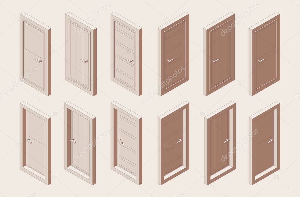 Isometric outline brown color set of interior doors with a box. Various foreshortening views.