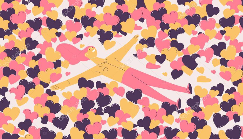 Bright girl making snow angel in likes, hearts, valentines. Happy female character drawn in outline and vibrant pink and yellow.