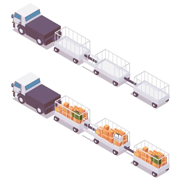 Isometrisk Uppsättning Flygplats Bagagevagn Med Bil För Bagage Paket Last — Stock vektor