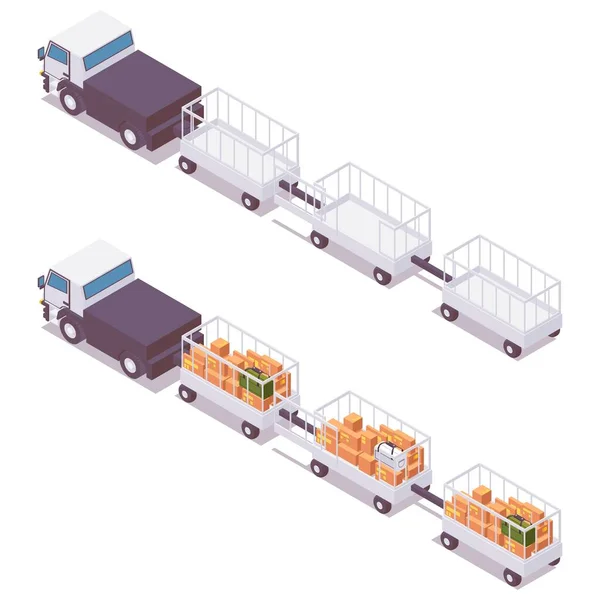 Изометрический Набор Тележка Багажа Аэропорта Автомобилем Багажа Посылок Груза Багажа — стоковый вектор