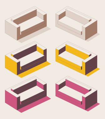 Isometric full color outline ofis, ev, resepsiyon için yumuşak kanepe.