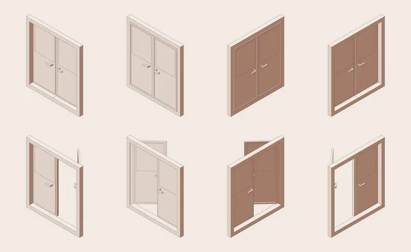 Ізометричний Набір Контурів Закритих Відкритих Подвійних Дверей — стоковий вектор