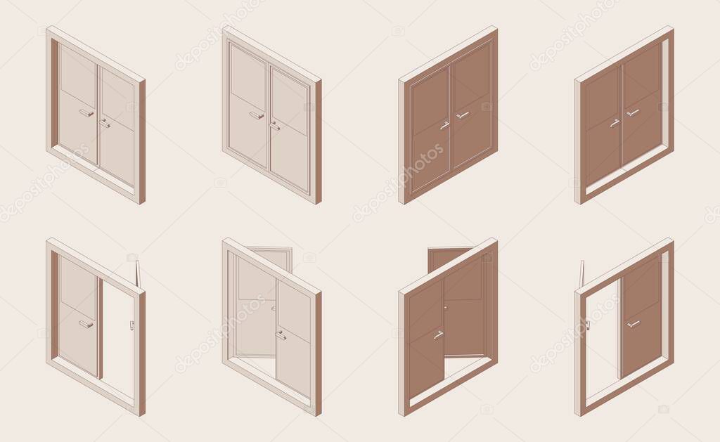 Isometric outline set of closed and open double doors.