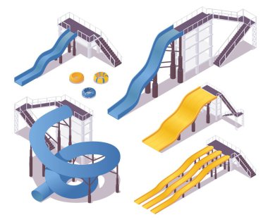 Isometric su merdivenler ve gölgeler ile kayar. Mavi ve sarı 3D vektör koleksiyonu.