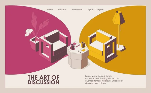 登陆页面的概念场景与家具准备好了 供对手讨论 粉色和黄色的等高线椅子 — 图库矢量图片