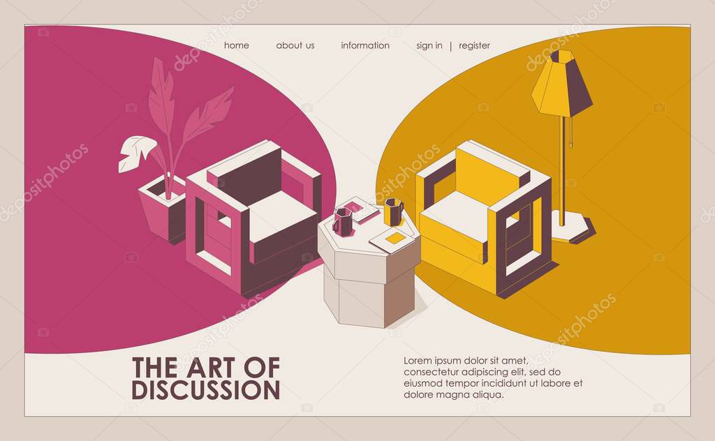 Landing page concept scene with furniture ready for opponents discussion. Isometric outline chairs in pink and yellow.