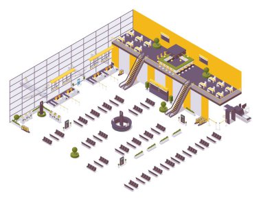 Isometric havaalanı tasarım örneği, giriş ve çıkış bölgesi, bekleme alanı. Bir kafe, sandalyeler, banklar, bir kazıcı, kontrol masaları ve teftiş alanı..