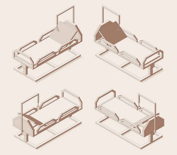 Isometrica Letto Ospedale Set Stile Contorno Vista Posteriore Frontale Disegnato — Vettoriale Stock